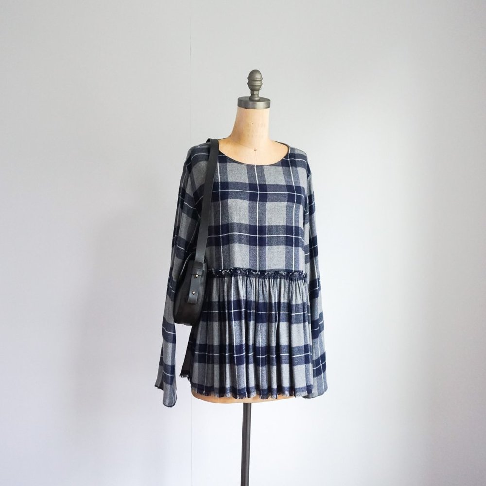 Philosophy Plaid Blue and Grey Top  with Pleats - Size - L